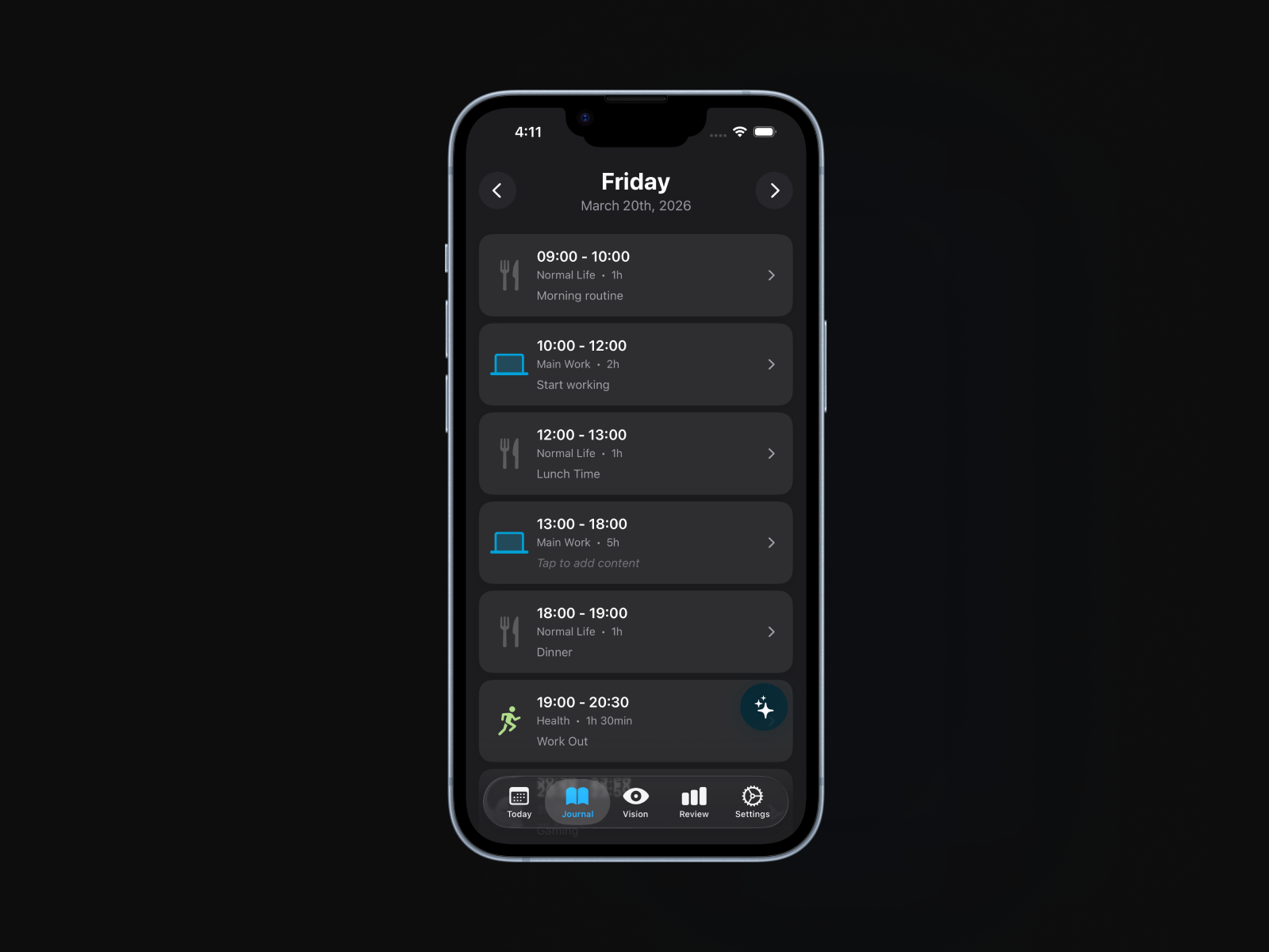 FluxTime interstitial journaling interface showing time, tasks, and energy tracking