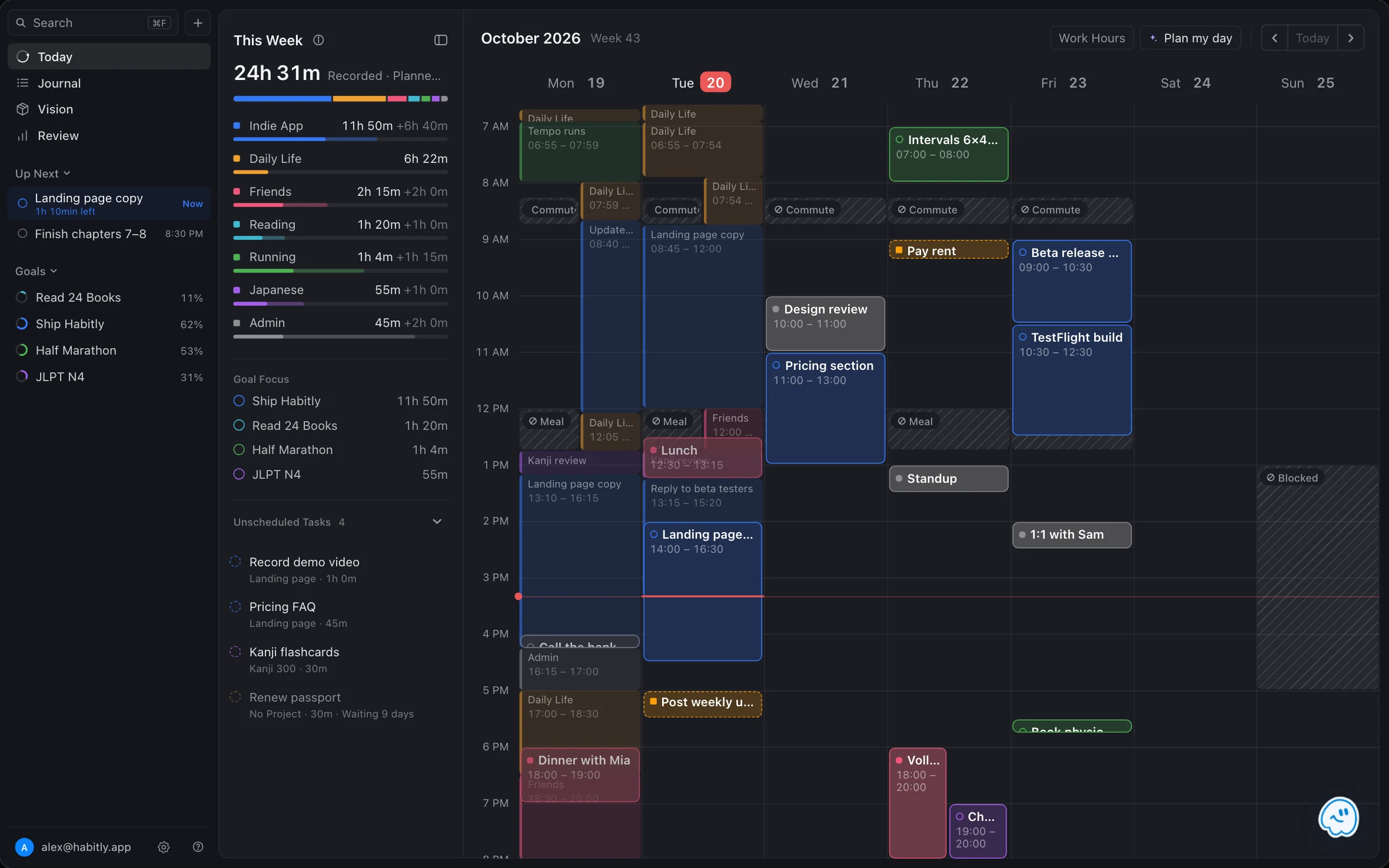 FluxTime's Today view on Mac: a week of tasks and calendar events on a timeline, with This Week, Unscheduled Tasks, Up Next and goal progress in the sidebars