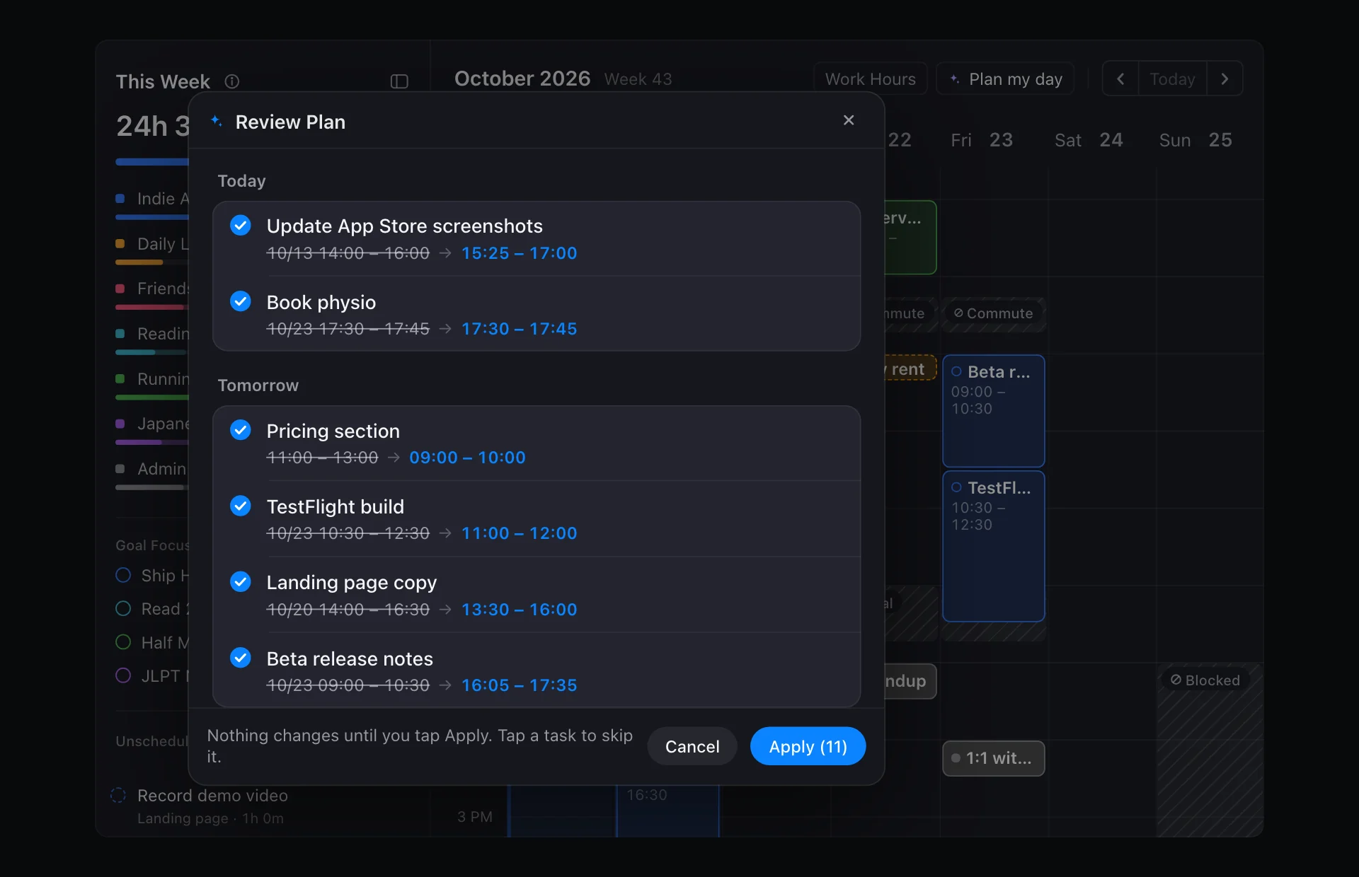 The Review Plan sheet in FluxTime: each task shows its old time struck through and its new time, grouped by day, with Apply (11) to move them all
