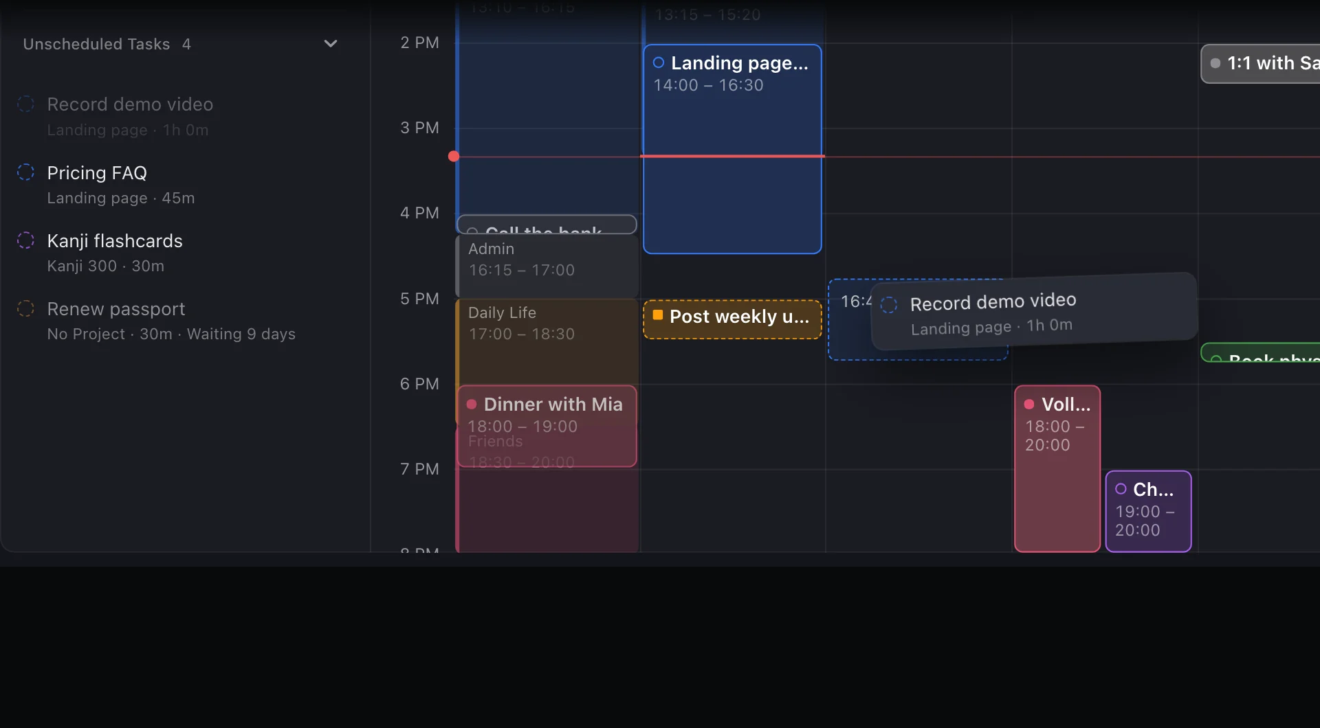 Dragging the todo Record demo video from the Unscheduled Tasks tray onto Wednesday afternoon in FluxTime's Today view