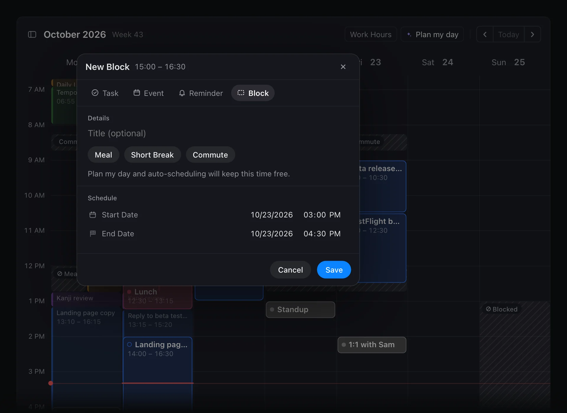Creating an item by dragging on the calendar, with the choice of Task, Event, Reminder or Block