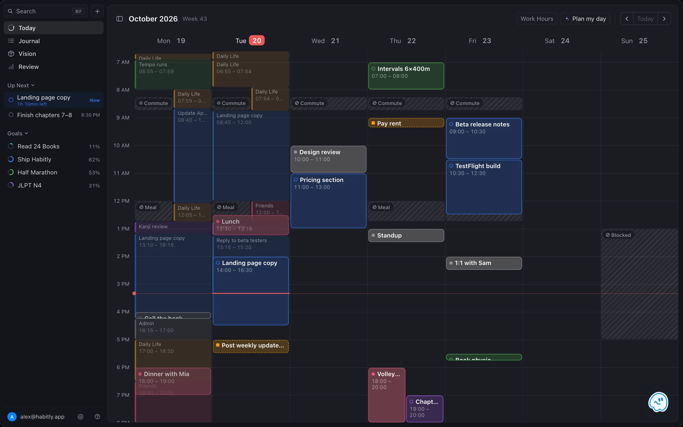 Today with tasks, events and striped time blocks on the calendar