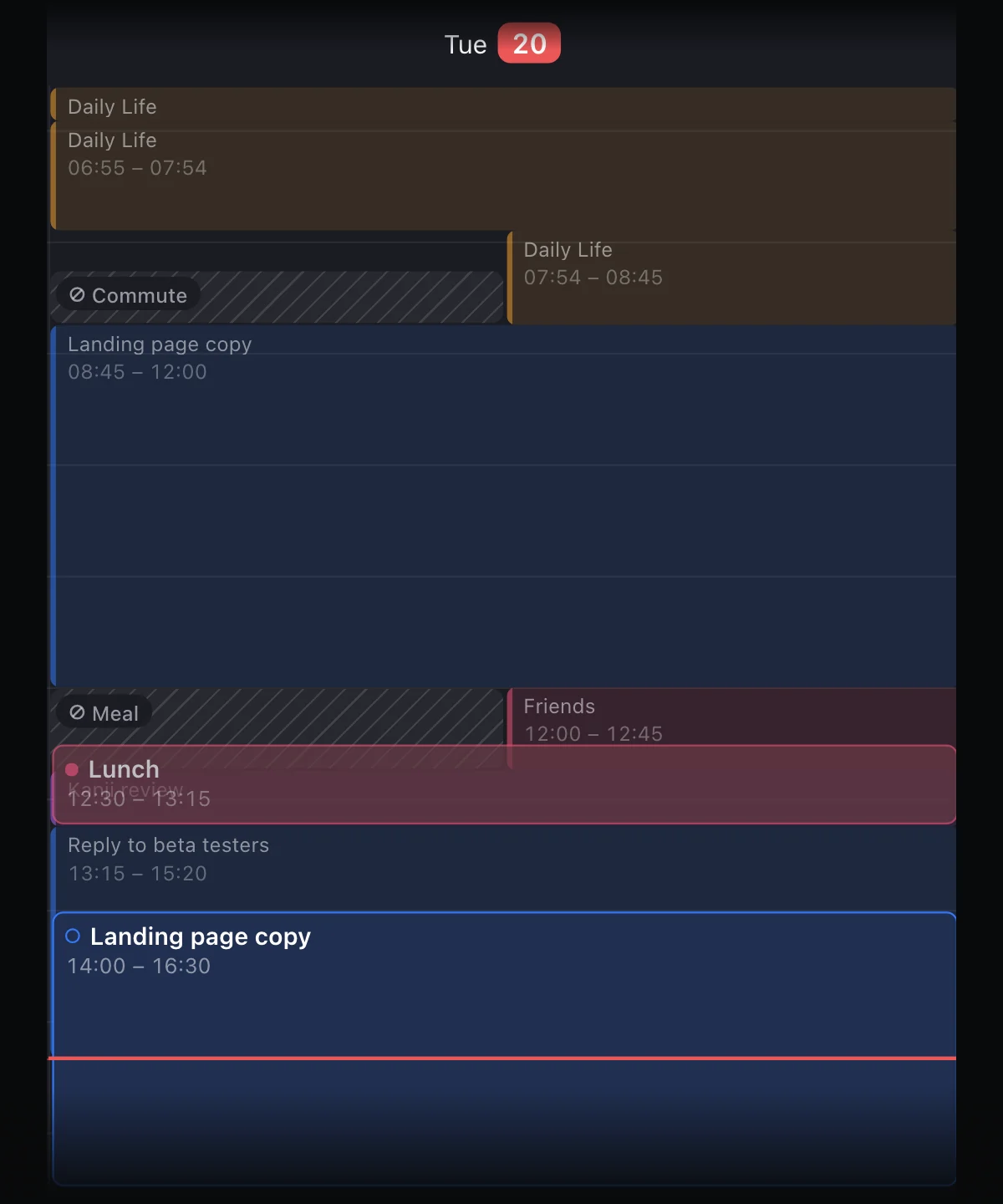 Today in FluxTime, close up: planned tasks as solid cards, with the time recorded in the journal showing in the gaps between them, up to the current-time line