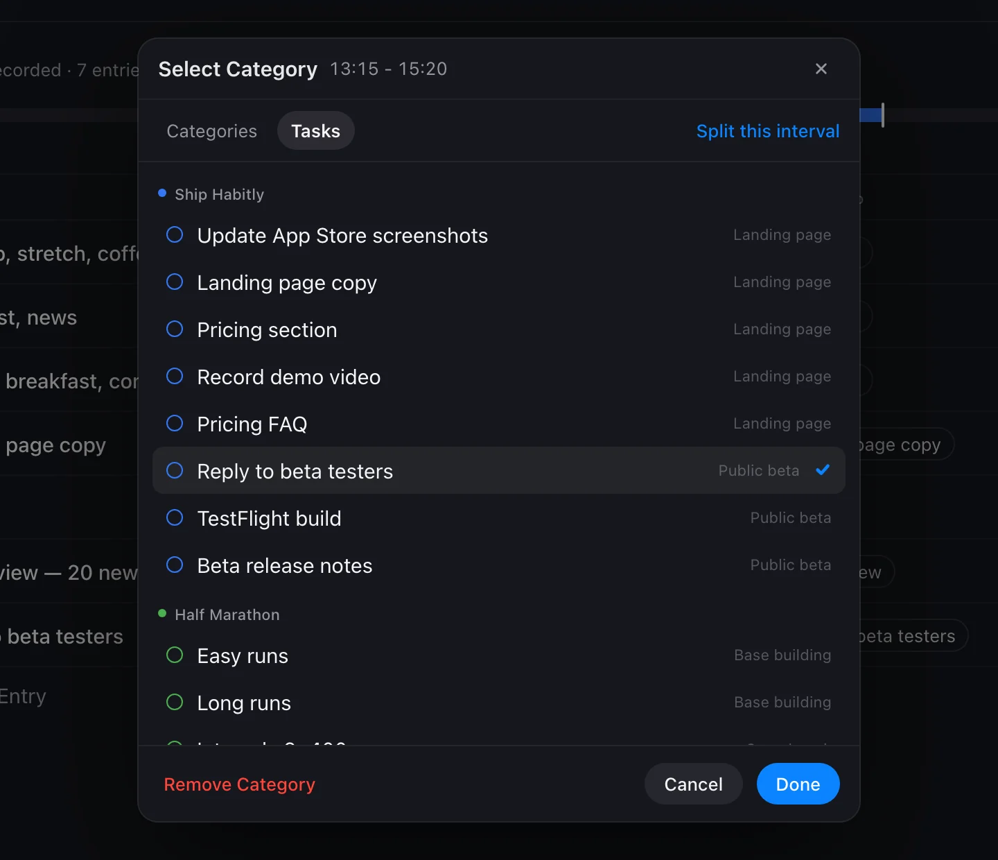 The Select Category sheet in FluxTime for the entry from 13:15 to 15:20, with Categories and Tasks tabs, Split this interval, and the list of todos with Reply to beta testers selected