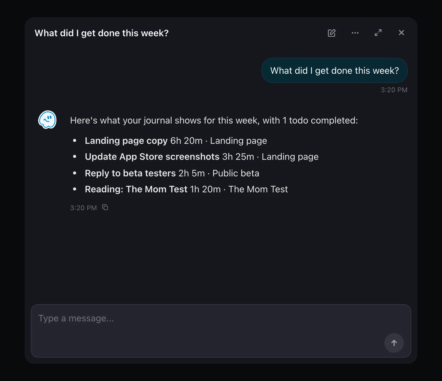 Flux AI answering What did I get done this week? from the journal: Landing page copy 6h 20m, Update App Store screenshots 3h 25m, Reply to beta testers 2h 5m and Reading: The Mom Test 1h 20m, with one todo completed